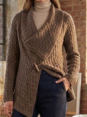 Stylish & Cozy Esprit Open Basket Weave Shawl Collar Cardigan Sweater Olive